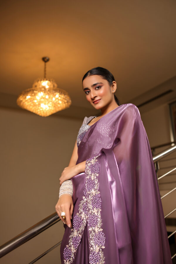 Elegant Purple Organza Satin Saree - Image 7