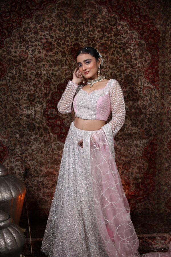 Ethereal Silver & Pink Net Lehenga - Image 5