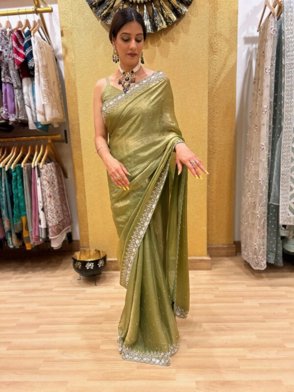 Olive Green Satin Silk Saree