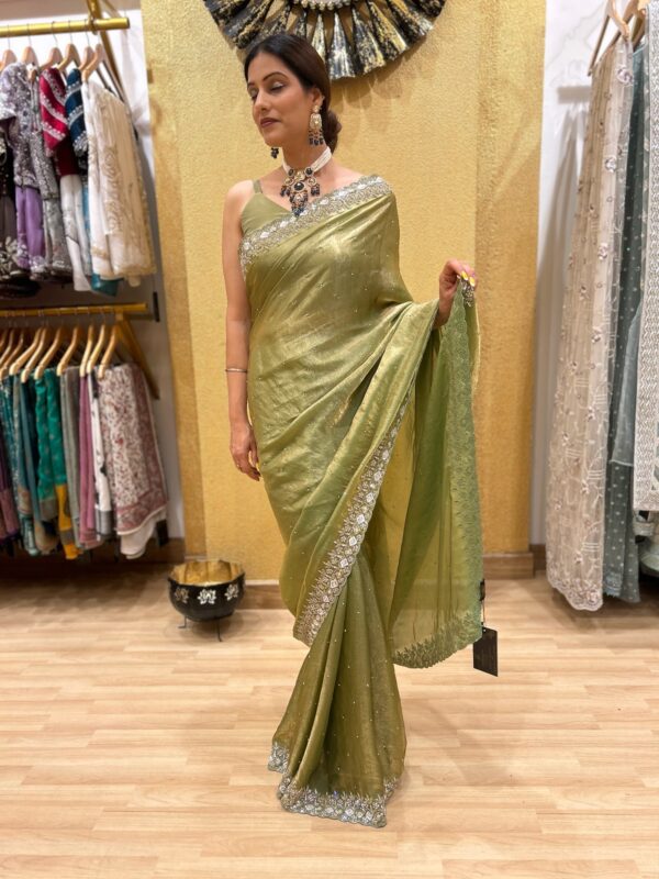 Olive Green Satin Silk Saree - Image 3