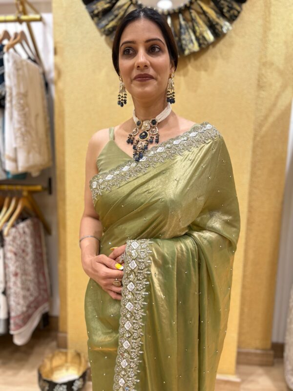 Olive Green Satin Silk Saree - Image 4