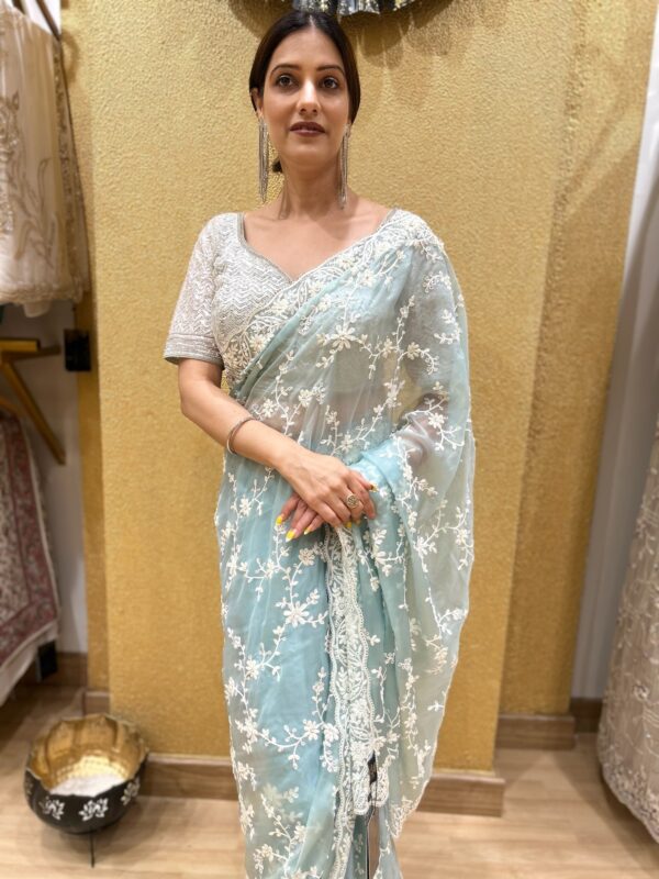 Ocean Blue Organza Saree - Image 3