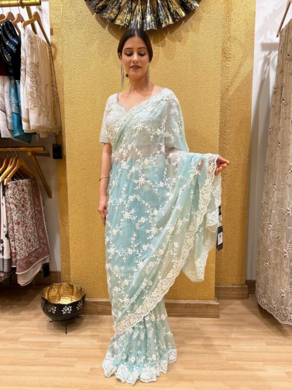 Ocean Blue Organza Saree - Image 2