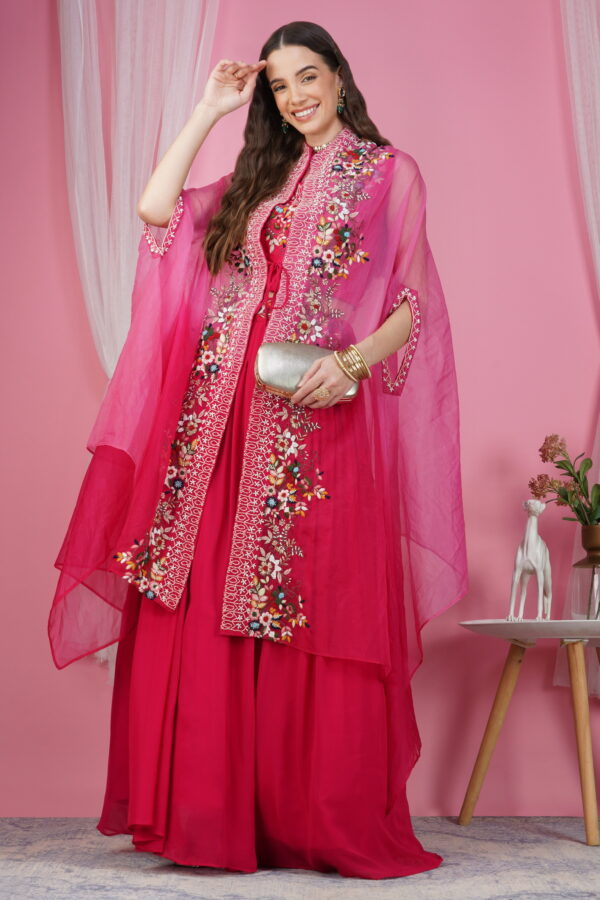 Chic Pink Hand Embroidered Cape Dress - Image 2