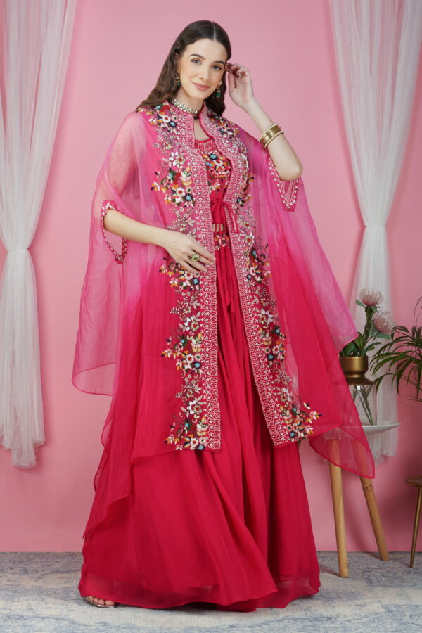 Chic Pink Hand Embroidered Cape Dress - Image 3