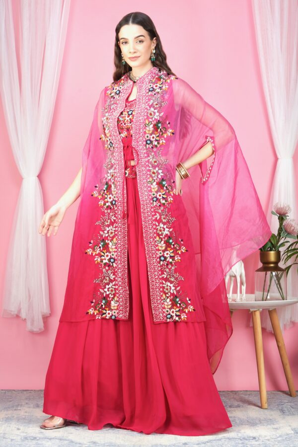 Chic Pink Hand Embroidered Cape Dress