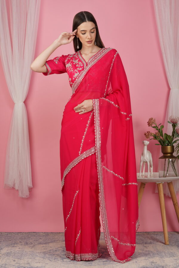 Graceful Pink Georgette Saree with Embroidered Blouse - Image 6