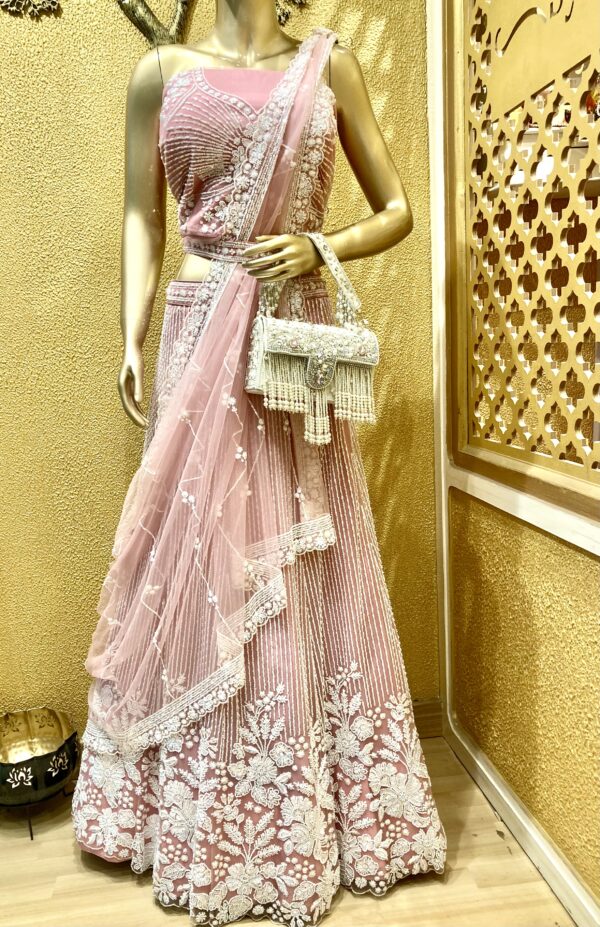 Ethereal Blush Hand Embroidered Pearl Lehenga - Image 2