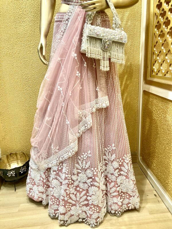 Ethereal Blush Hand Embroidered Pearl Lehenga - Image 4