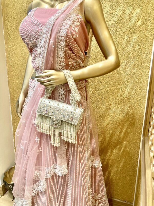 Ethereal Blush Hand Embroidered Pearl Lehenga - Image 5