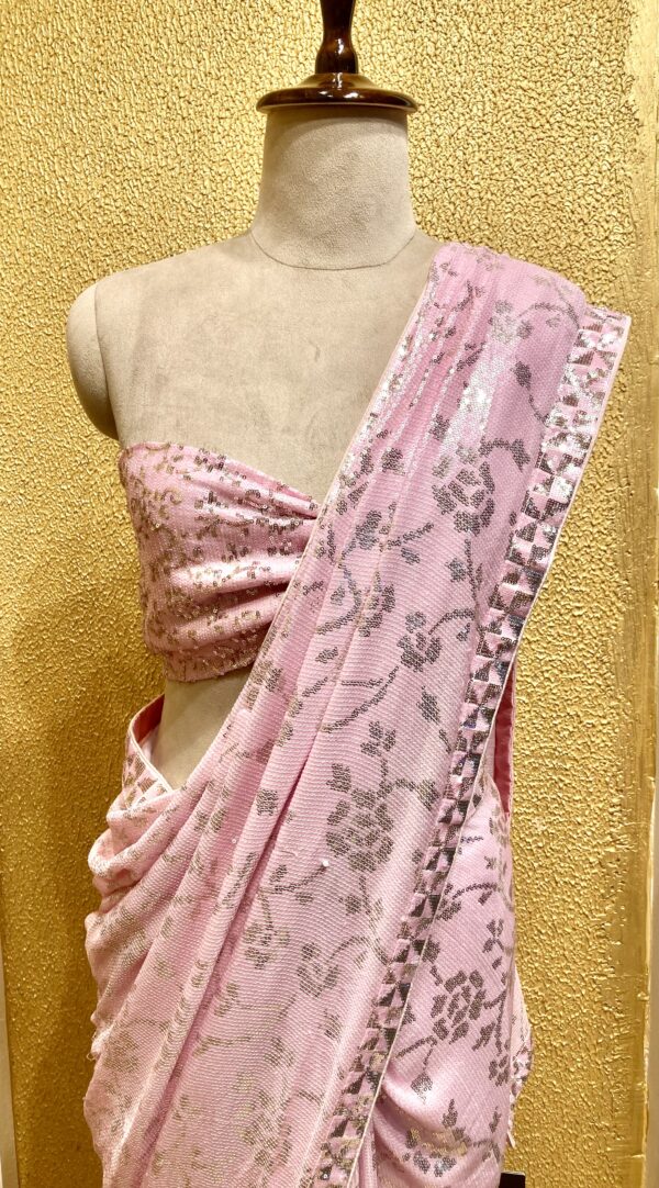 Powder Pink Floral Georgette Saree - Image 2