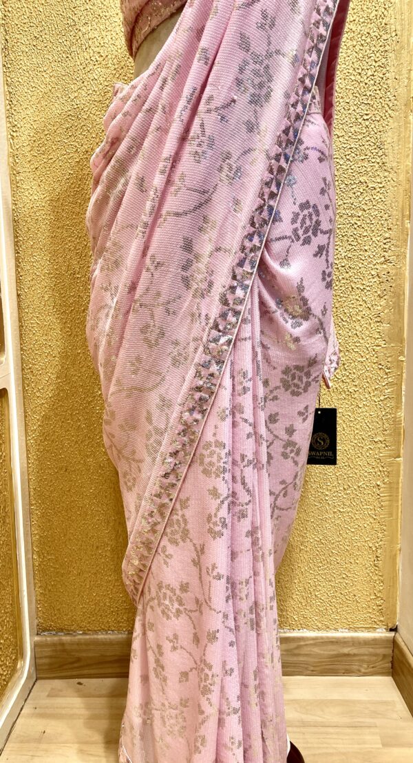 Powder Pink Floral Georgette Saree - Image 3