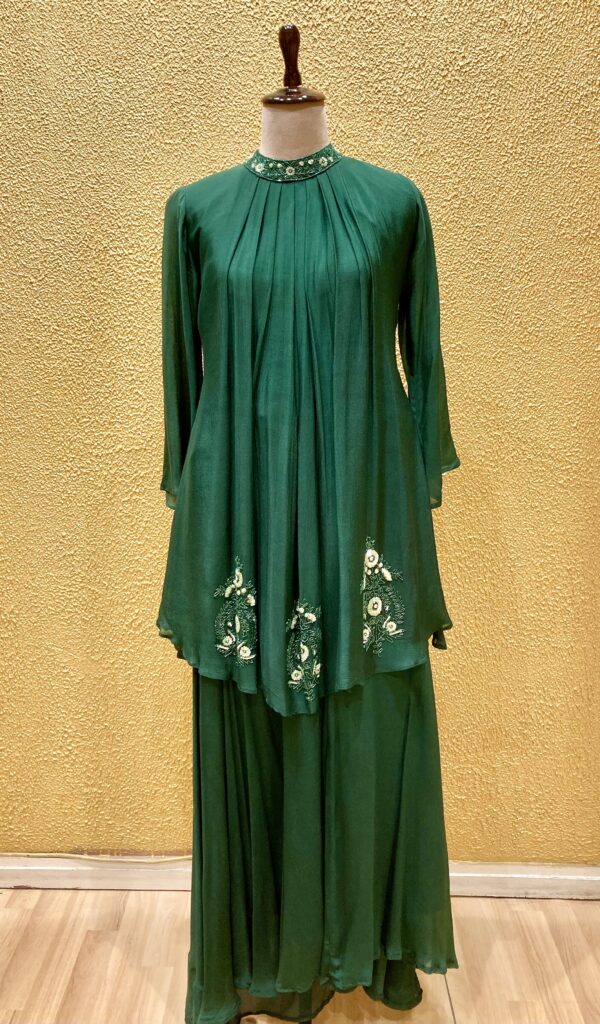 Elegant Bottle Green Dress in Chinon Fabric - Image 2