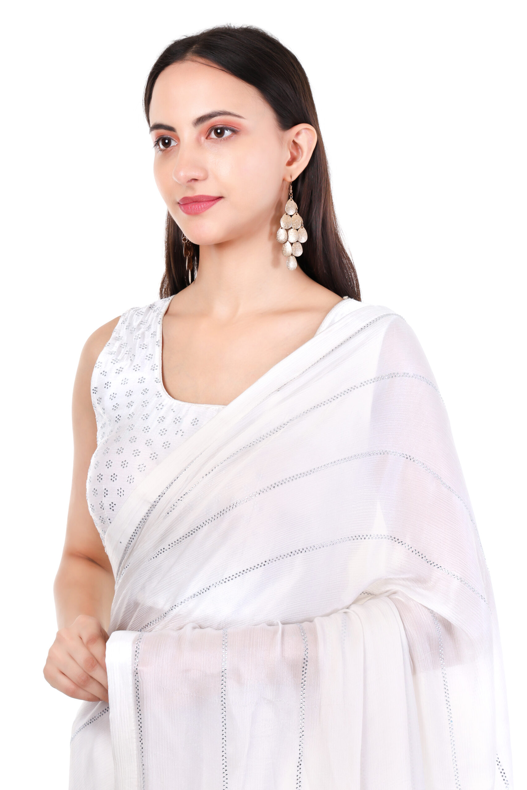 Elegant White Embroidered Saree with Red Patchwork & Stitched Blouse - Image 3