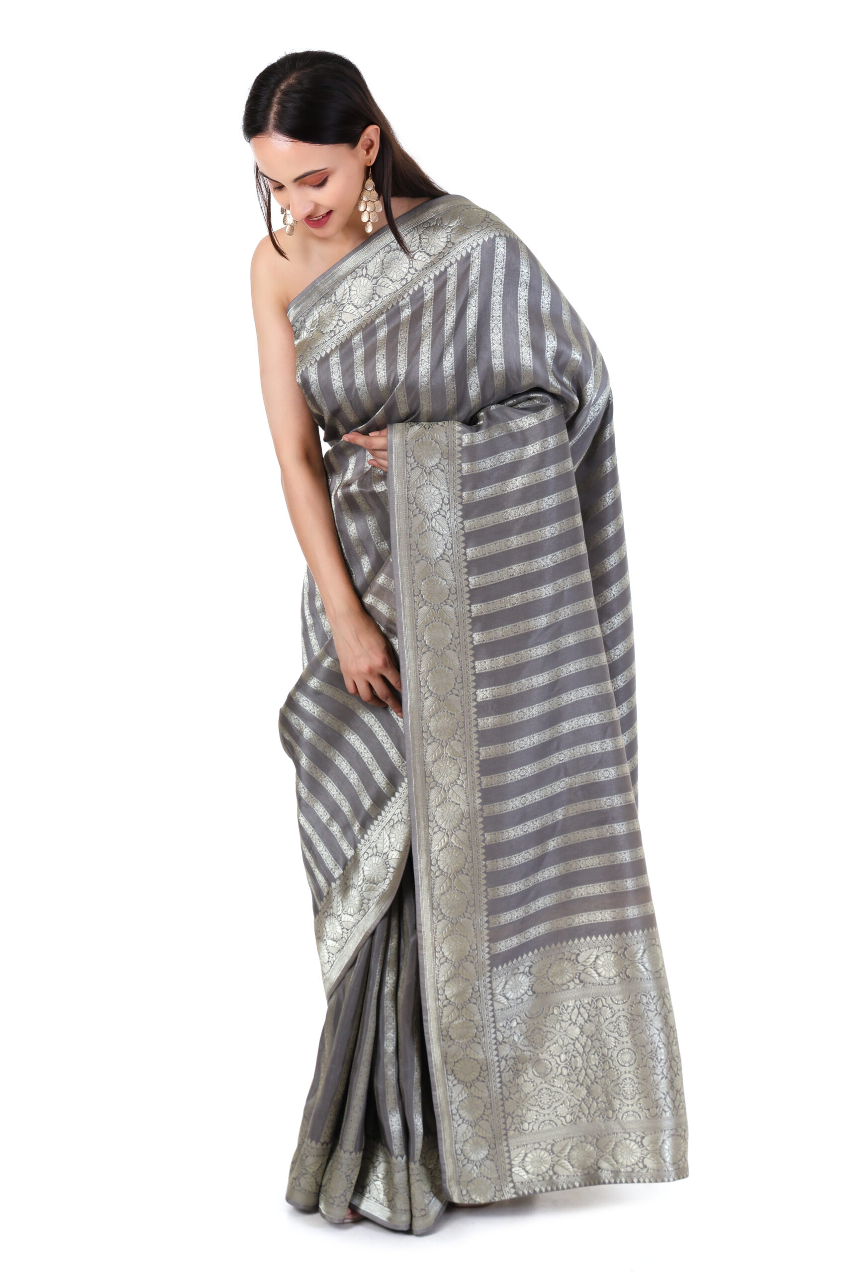 Elegant Grey Banarasi Saree with Gold Zari Stripes - Image 2