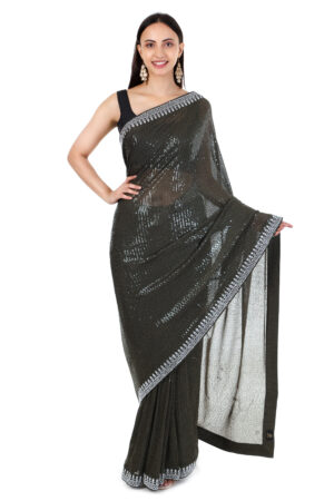 dark green sequin saree