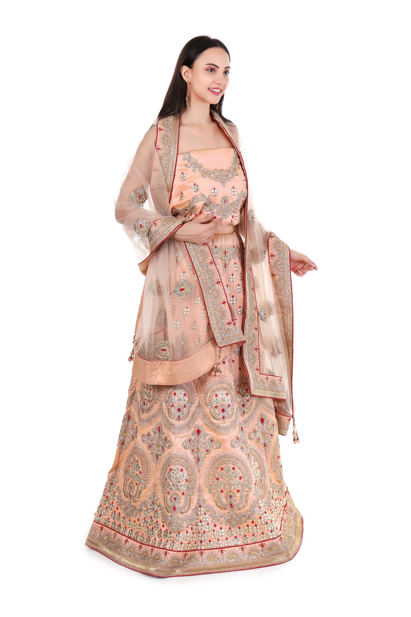 Peach Embroidered Lehenga in Raw Silk with Dupatta - Image 4