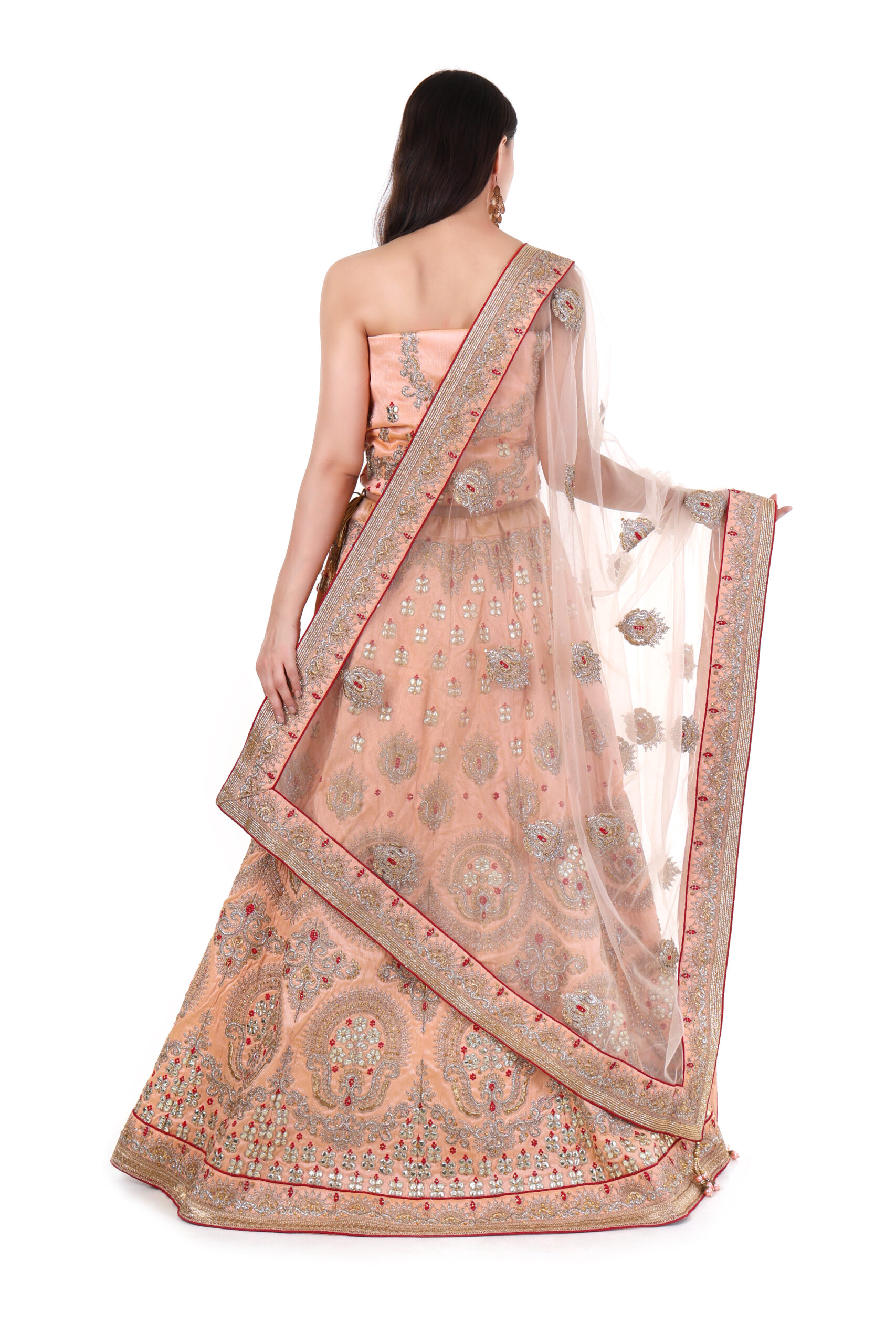 Peach Embroidered Lehenga in Raw Silk with Dupatta - Image 2