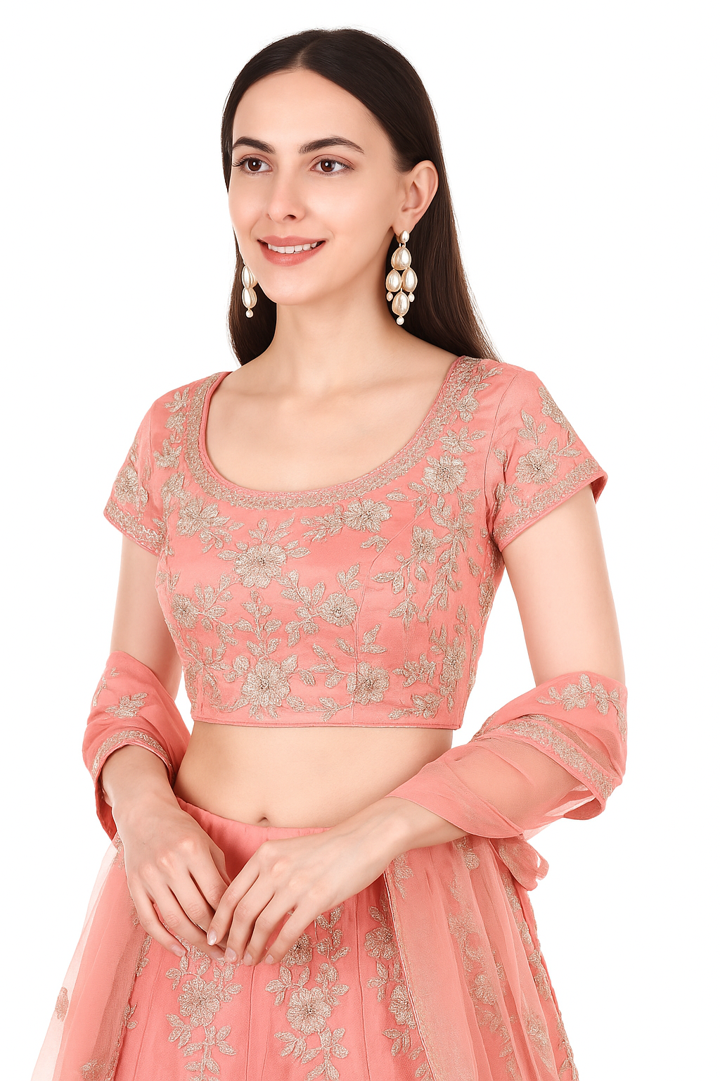 Peach Embroidered Lehenga with Ready Made Blouse & Dupatta - Image 3