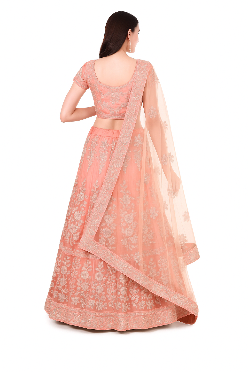 Peach Embroidered Lehenga with Ready Made Blouse & Dupatta - Image 2